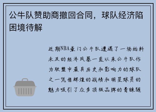 公牛队赞助商撤回合同，球队经济陷困境待解